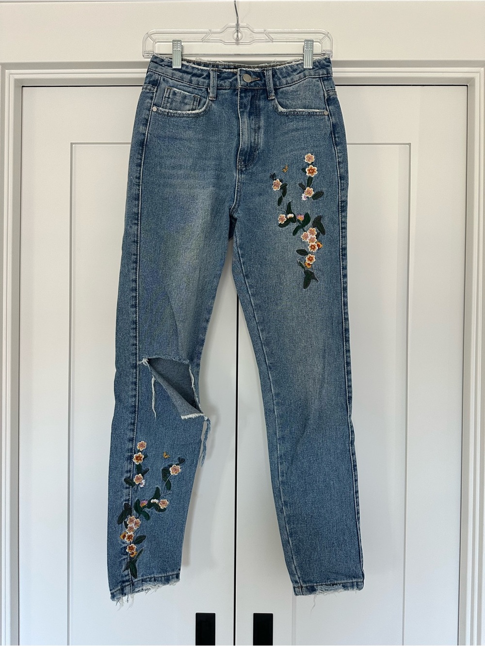 Embroidered High-Rise Blue Floral Jeans for Women